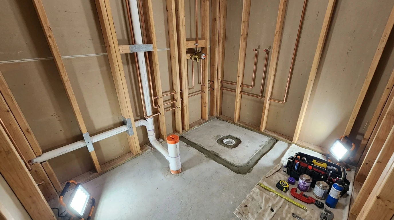 Bathroom rough-in plumbing during remodel by Johns Plumbing LLC in Boothbay