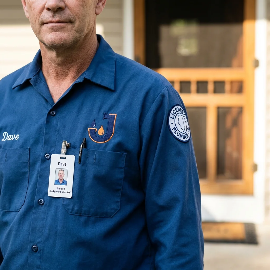 Licensed plumber showing ID badge in Boothbay, ME