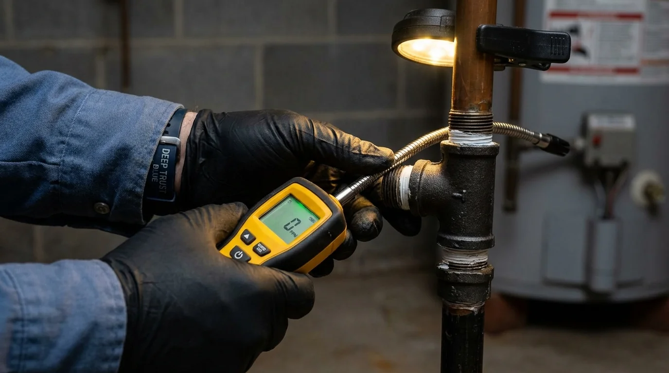 Gas leak detection with electronic sniffer by Johns Plumbing LLC in Boothbay