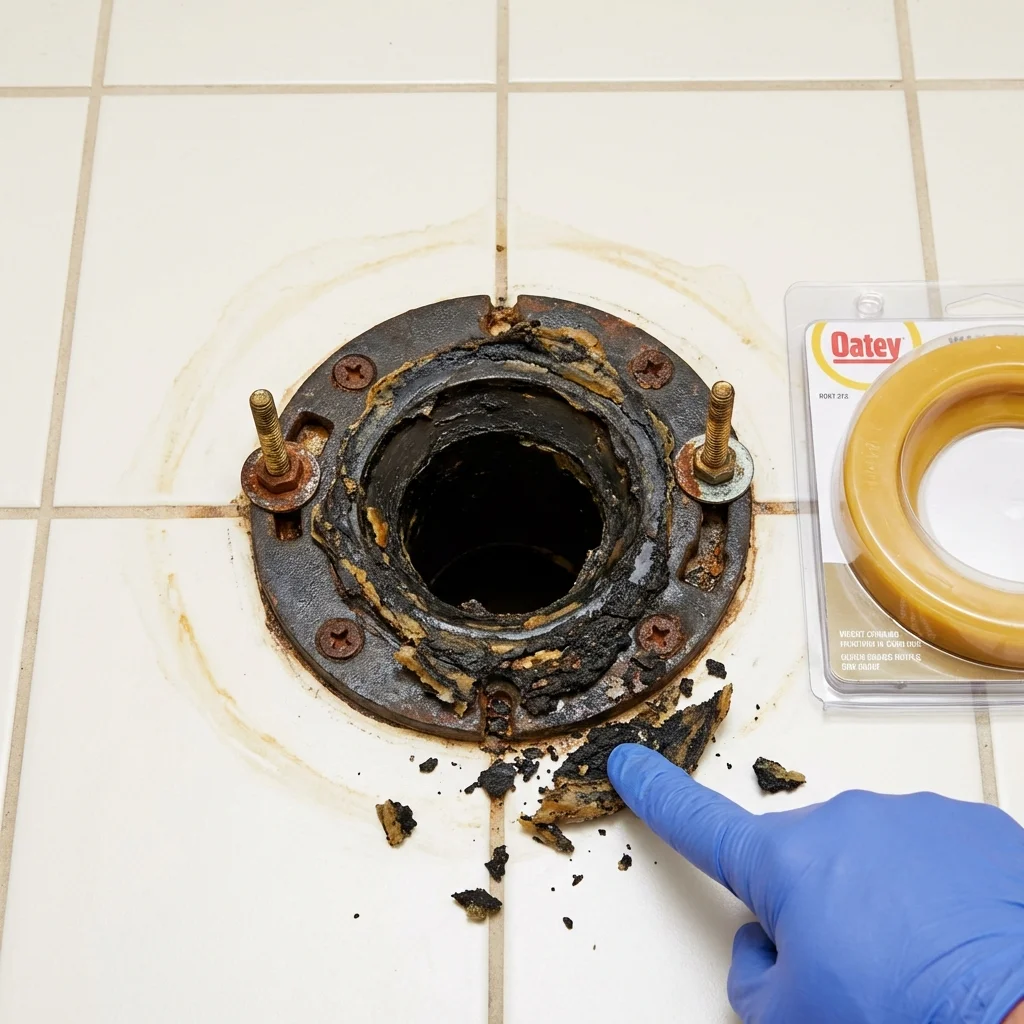 Failed wax ring showing water seepage at the base of a toilet in a Boothbay, ME home