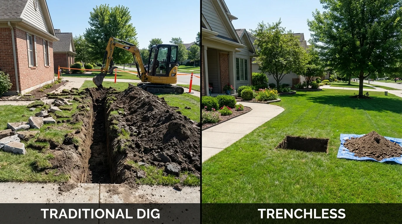 Trenchless sewer repair with minimal yard damage versus traditional excavation in Boothbay, ME
