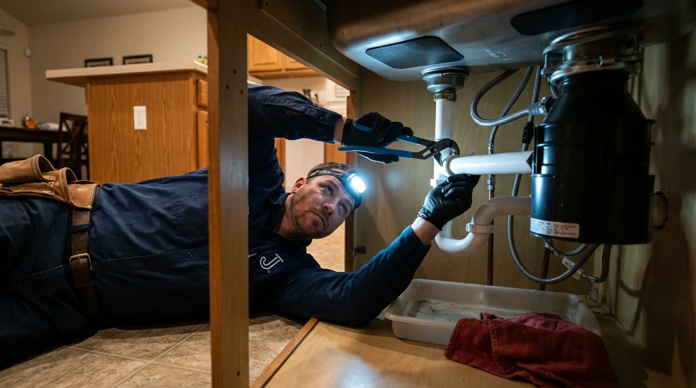 P-trap and supply line connections under a kitchen sink showing a common leak point in Boothbay, ME